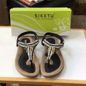 SIKETU Women's Beaded Black T-Back Sandals